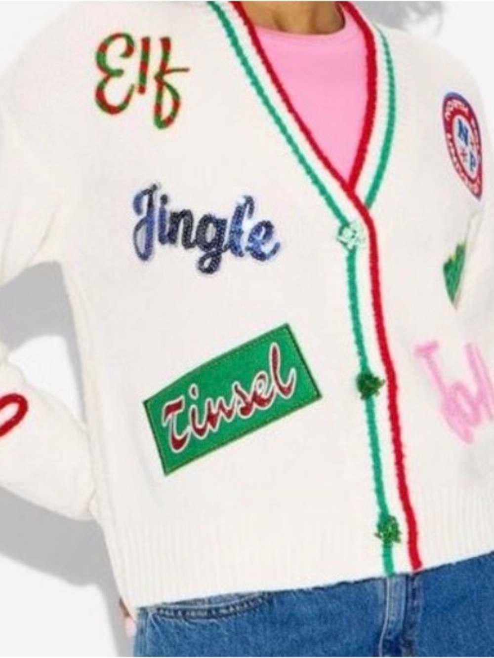 Women’s White V-Neck Button Down Holiday Appliqué Sweater